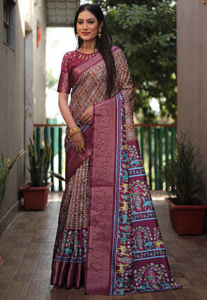 Bandhej Printed Art Silk Saree in Brown