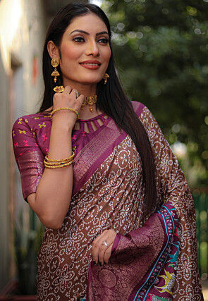 Bandhej Printed Art Silk Saree in Brown
