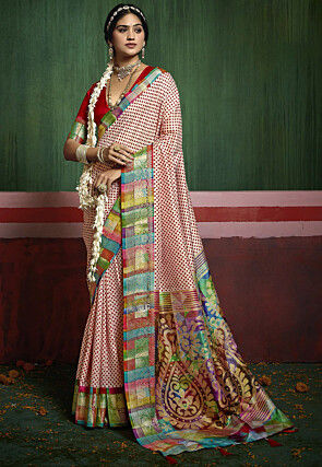 Bandhej Printed Art Silk Saree in Cream