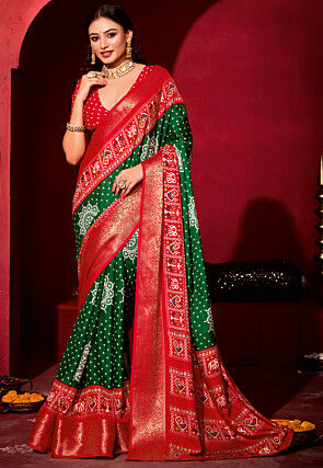 Bandhej Printed Art Silk Saree in Dark Green