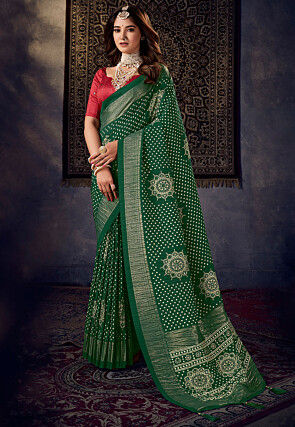 Bandhej Printed Art Silk Saree in Dark Green
