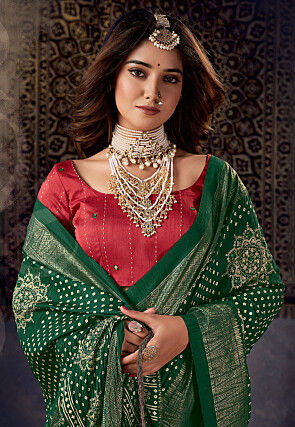 Bandhej Printed Art Silk Saree in Dark Green