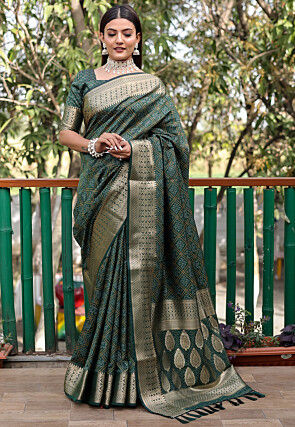 Bandhej Printed Art Silk Saree in Dark Green