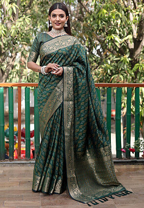 Buy Bottle Green Bandhej Drap Saree Skirt Co-Ord Set for Women Online in  India