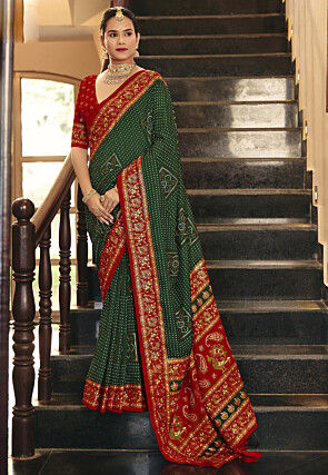 Bandhej Printed Art Silk Saree in Dark Green
