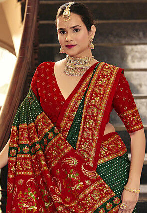 Bandhej Printed Art Silk Saree in Dark Green