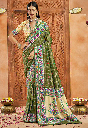 Bandhej Printed Art Silk Saree in Dark Olive Green