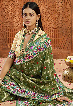 Bandhej Printed Art Silk Saree in Dark Olive Green