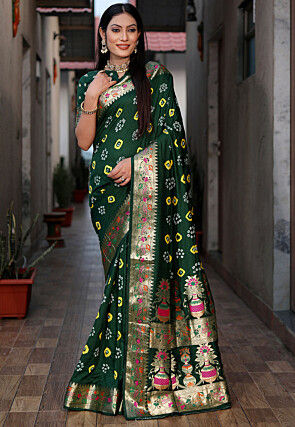 Bandhej Printed Art Silk Saree in Green
