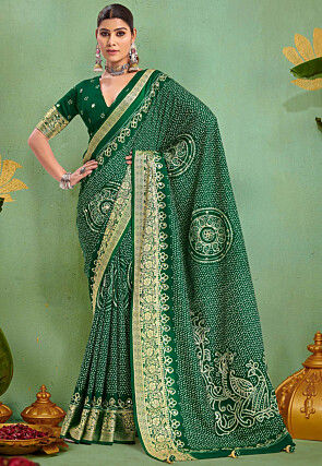 Bandhej Printed Art Silk Saree in Green