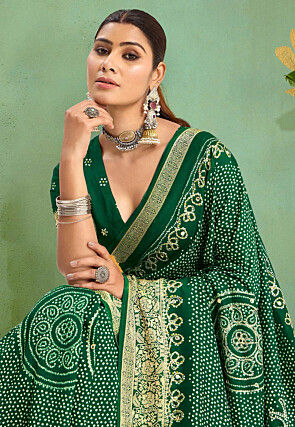 Bandhej Printed Art Silk Saree in Green