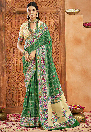 Bandhej Printed Art Silk Saree in Green