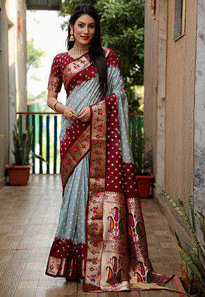 Bandhej Printed Art Silk Saree in Grey and Maroon