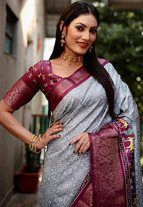 Bandhej Printed Art Silk Saree in Grey