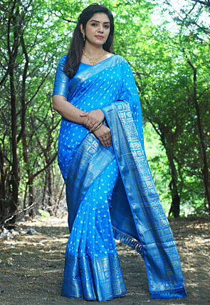 Bandhej Printed Art Silk Saree in Light Blue