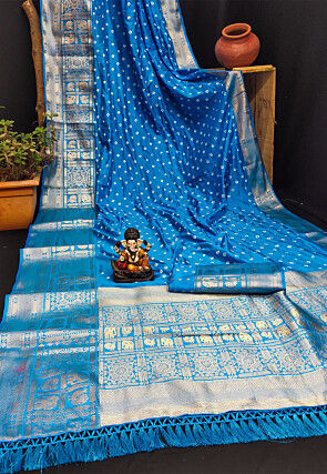 Bandhej Printed Art Silk Saree in Light Blue
