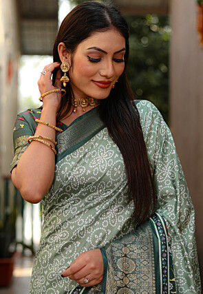Bandhej Printed Art Silk Saree in Light Green