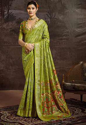Bandhej Printed Art Silk Saree in Light Green