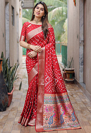 Red Bandhani Saree Buy Latest Indian Sarees for Women Online Utsav Fashion