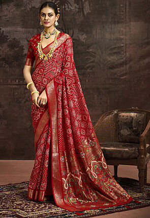 Bandhej Printed Art Silk Saree in Maroon