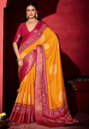 Bandhej Printed Art Silk Saree in Mustard