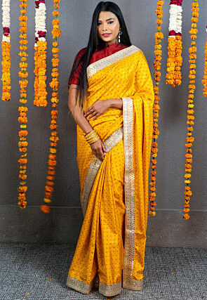 Bandhej Printed Art Silk Saree in Mustard