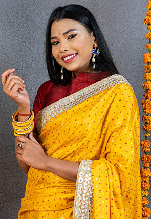 Bandhej Printed Art Silk Saree in Mustard
