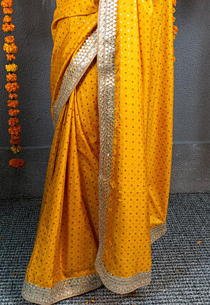 Bandhej Printed Art Silk Saree in Mustard