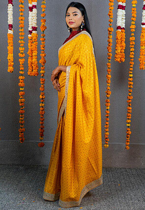 Bandhej Printed Art Silk Saree in Mustard