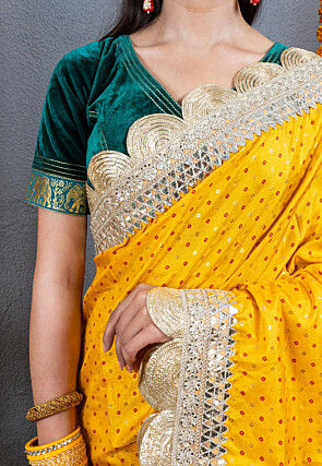 Bandhej Printed Art Silk Saree in Mustard