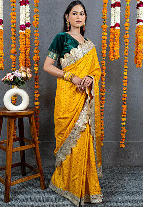 Bandhej Printed Art Silk Saree in Mustard
