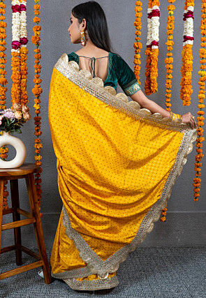 Bandhej Printed Art Silk Saree in Mustard