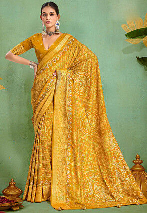 Bandhej Printed Art Silk Saree in Mustard