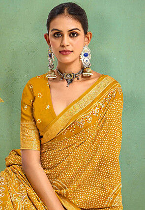 Bandhej Printed Art Silk Saree in Mustard