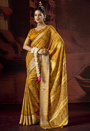Bandhej Printed Art Silk Saree in Mustard