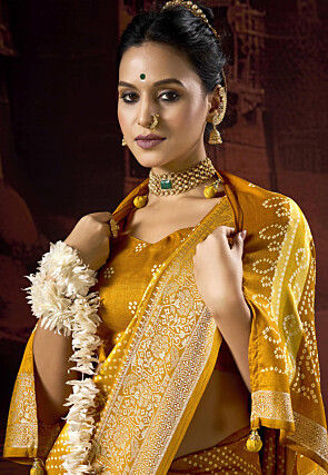 Bandhej Printed Art Silk Saree in Mustard