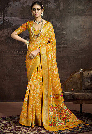 Bandhej Printed Art Silk Saree in Mustard