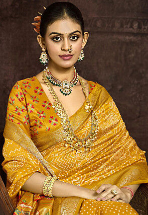 Bandhej Printed Art Silk Saree in Mustard