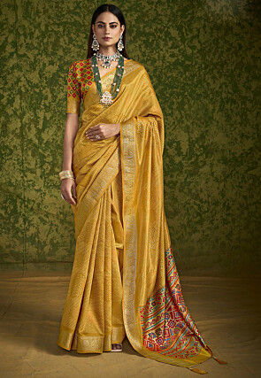 Digital Printed Art Silk Saree in Mustard