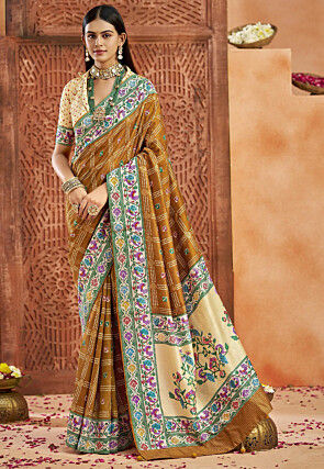 Bandhej Printed Art Silk Saree in Mustard