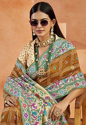 Bandhej Printed Art Silk Saree in Mustard