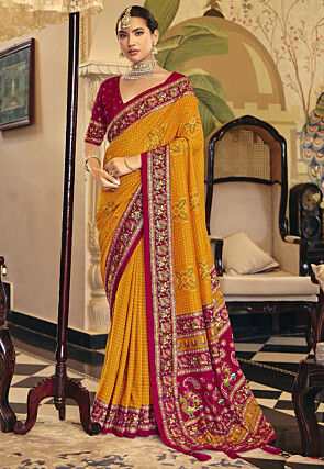 Bandhej Printed Art Silk Saree in Mustard