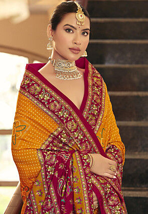 Bandhej Printed Art Silk Saree in Mustard