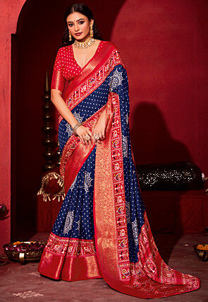 Bandhej Printed Art Silk Saree in Navy Blue