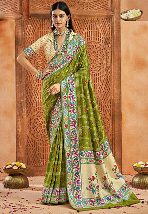 Bandhej Printed Art Silk Saree in Olive Green
