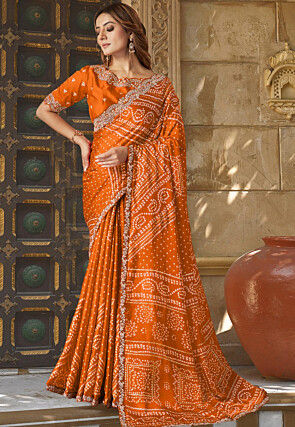 Bandhej Printed Art Silk Saree in Orange