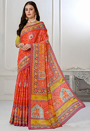 Bandhej Printed Art Silk Saree in Orange