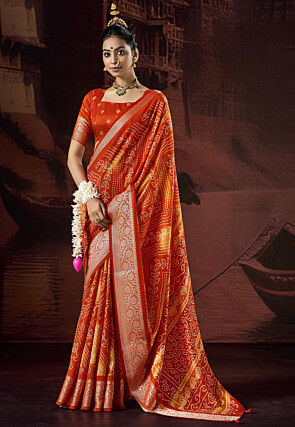 Bandhej Printed Art Silk Saree in Orange