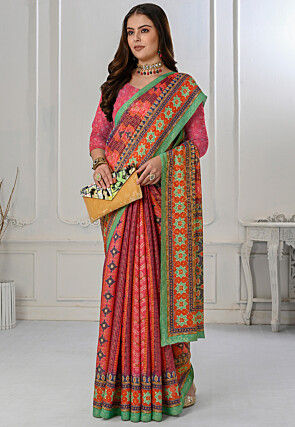 Bandhej Printed Art Silk Saree in Pink