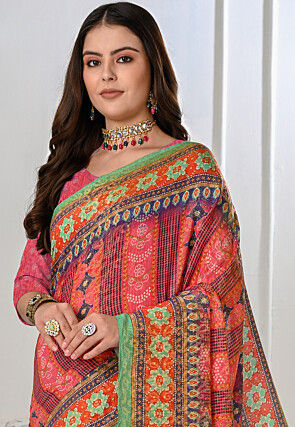 Bandhej Printed Art Silk Saree in Pink